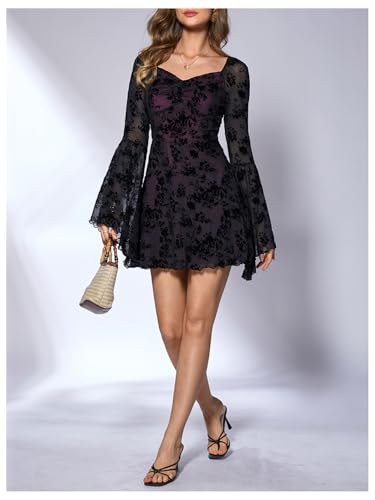 Image of WDIRARA Women's Floral Jacquard Mesh Gothic Dress Bell Long Sleeve A Line Vintage Dresses