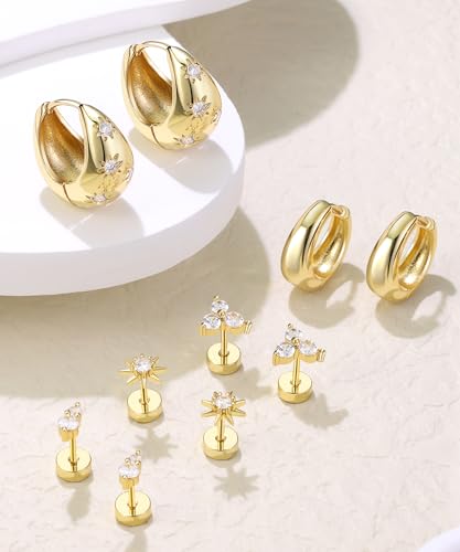 Flat Back Stud Earrings for Women Gold Plated Earring Set Hypoallergenic Cartilage Earrings Helix Piercing Jewelry Surgical Stainless Steel Chunky Huggie Hoops4