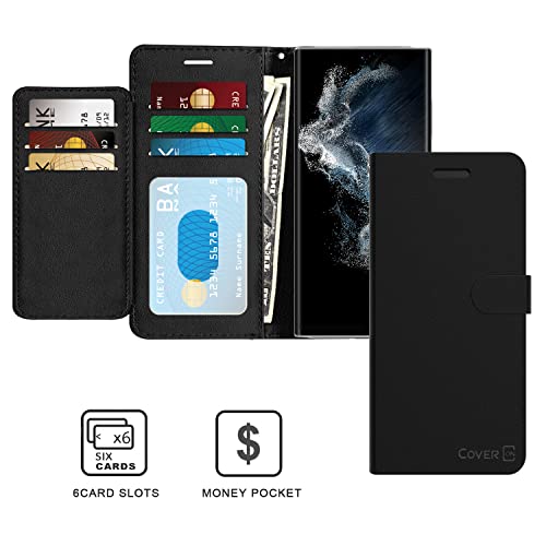 Coveron Pouch For Samsung Galaxy S23 Ultra Wallet Case, Rfid Blocking Flip Folio Stand Vegan Leather Phone Cover Carrying Sleeve 6 Credit Card Holder Clutch Fit Galaxy S23 Ultra Case - Black #TOP2