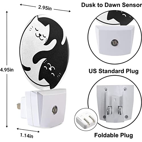 Image of Tai Chi Cat Nightlight Two Black White Cats Kitten Night Lights Plug into Wall Dusk to Dawn Sensor Round Night Light for Adults Boys Girls, 0.5W Energy Efficient
