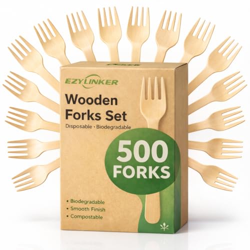 500 Holz Gabeln (Wooden Forks) Einwegbesteck Satz - Alternative zu Plastik Gabeln, Umweltfreundlich, Biologisch Abbaubar, Kompostierbares Gabelset – 500 Kompostierbare holzgabeln, Holzbesteck Einweg