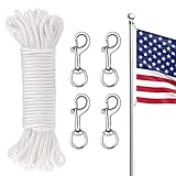 Flag Pole Rope Kit,100ft Flag Pole Halyard Rope 1/4' Thick with 4 Pcs Zinc Alloy Swivel Snap Hooks...