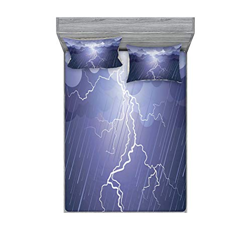 Ambesonne Night Fitted Sheet & Pillow Sham Set, Lightning Strike Thunderstorm in The Air at Dark Night Rainy Electric Force Bolts, Decorative Printed 3 Piece Bedding Decor Set, King, Lilac Purple