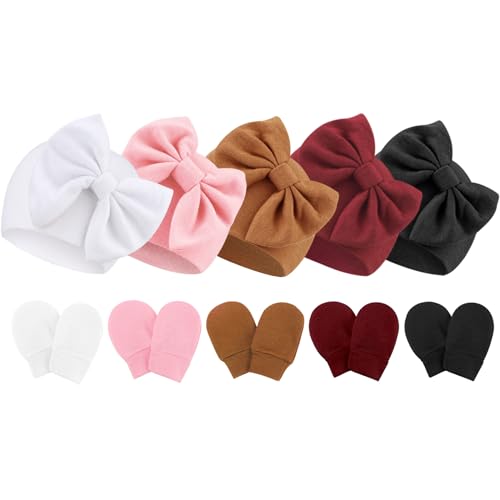 Image of Newborn Baby Hats and Mittens Set Infant Bow Beanie Cap Toddler Gloves Newborn Hospital Hats for Baby Boy Girl 0-6 Months