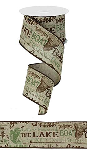 RG Ribbon Wired Ribbon Gone Fishing/Catch of The Day/Live Bait and More Fish Terms 2.5 Inches X 10 Yards for Wreaths, Floral Arrangements, Gift Wrapping, Crafting