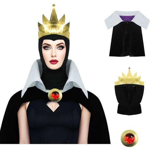 PAINEOMN Evil Queen Costume Women Black Hood with Crown Collar Sh...