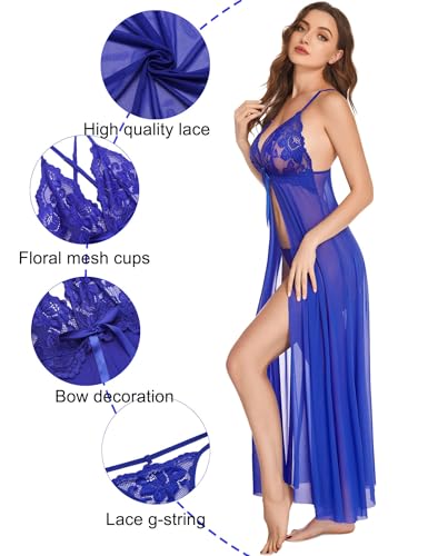 Image of SSoShHub Women Lingerie Lace Babydoll Dress Open Front Sleepwear Long Sheer Nightgowns V Neck Nightwear for Wife, Women Wedding Valentine Special Night Occasion Festival