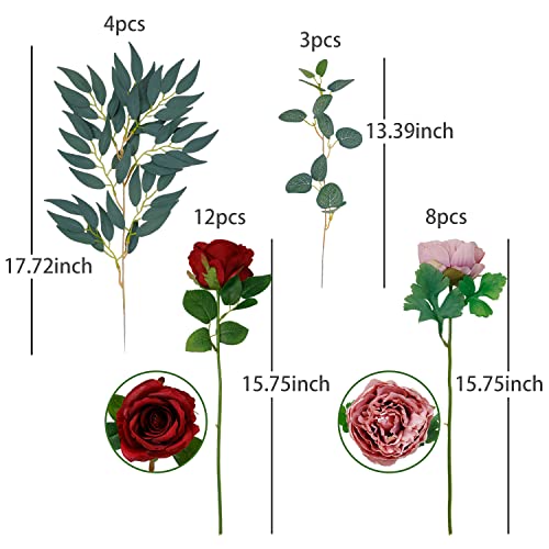 Party Joy 27 Pcs Artificial Flowers Silk Flowers Rose Bouquet Faux Peony Stems For Wedding Centerpieces Home Party Decor (Burgundy) #TOP1
