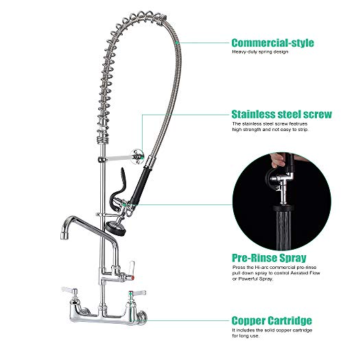 IMLEZON Commercial Sink Faucet Wall Mount Pre Rinse Faucet 8 Inches Center 43 Inches Height with 12 Inches Add on Spout