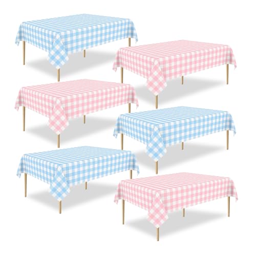 ZHIAXTON 6 Pack Gender Reveal Gingham Plastic Table Cloths 54 X 108 Inch Disposable Pink and Blue Tablecloth Rectangle Table Covers for Baby Shower Birthday Party Baby Gender Reveal Decorations