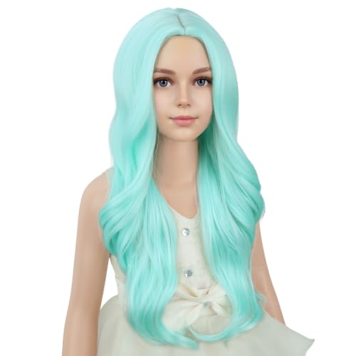 Image of PATTNIUM Mint Green Long Curly Wigs for Kids Girls Light Green Middle Part Heat Resistant Synthetic Wigs Halloween Cosplay Costume Party Wig
