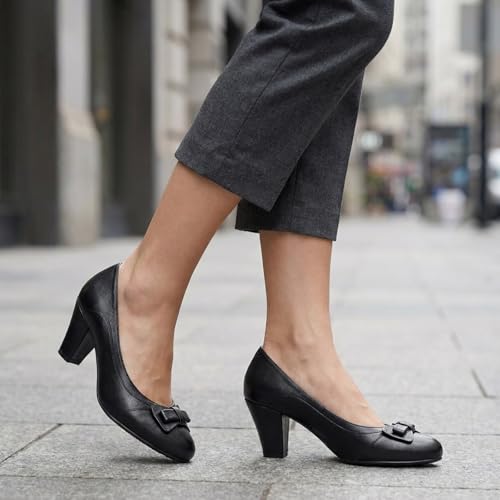 Image of Mona flying Women's Leather Chunky Pumps Dress High Heel Office Work Shoes