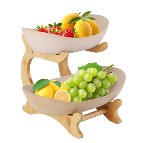 Xnqelerate Fruit Basket Stander, Ceramic Fruit Stand with 2 Levels, Fruit Basket Modern with Bamboo Stand, Removable Vegetable Basket Storage Cabinet, Fruit Storage, Kitchen Storage Basket for
