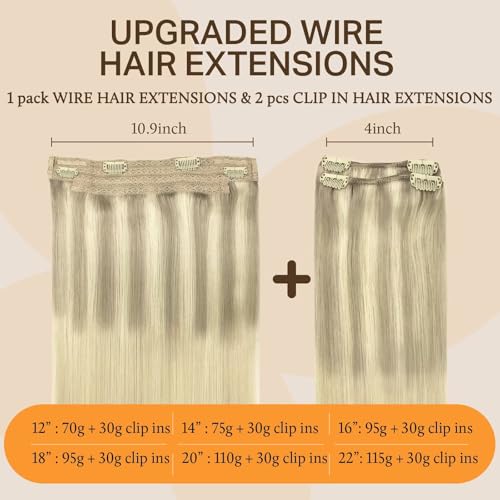 Image of DOORES Wire Hair Extensions, 12 Inch 70g Fish Line Weft Extensions and 2pcs 30g Clip ins Ash Blonde to Golden Blonde and Platinum Blonde, 100g Invisible Seamless Wire Real Human Hairpiece