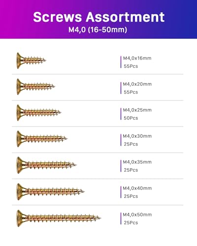 ANVINKU 260PCS Screws for Wood M4 Wood Screws Assortment, Color Zinc Self Tapping Screw, Countersunk Screw Set for Furniture Repairs - Image 2