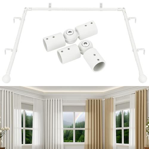 Bay Window Curtain Poles for Windows 76 to 460 cm Corner Curtain Pole Set U Shaped 3 Sided for Bedroom 2 Elbow Included 25 mm Diameter Heavy-Duty (White 460cm)