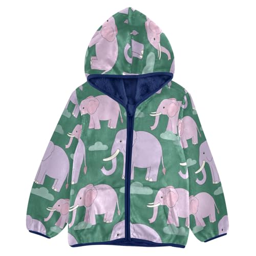 Elephant Pattern on Green Toddler Fleece Jacket Girl Boys Hooded Fleece Jacket Coat Warm Outwear Zip-up 3-10T