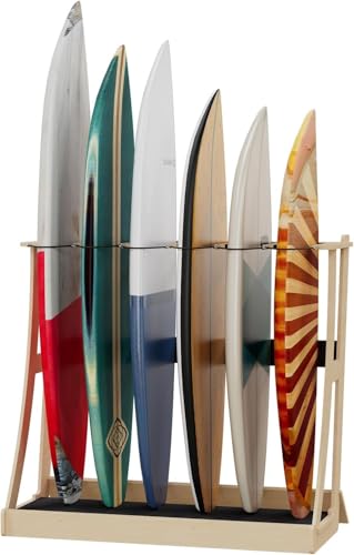 Wooden Surfboard Rack for 6 Boards - Easy 2-Minute Assembly Foam Padding Elastic Safety Straps Durable Storage Solution