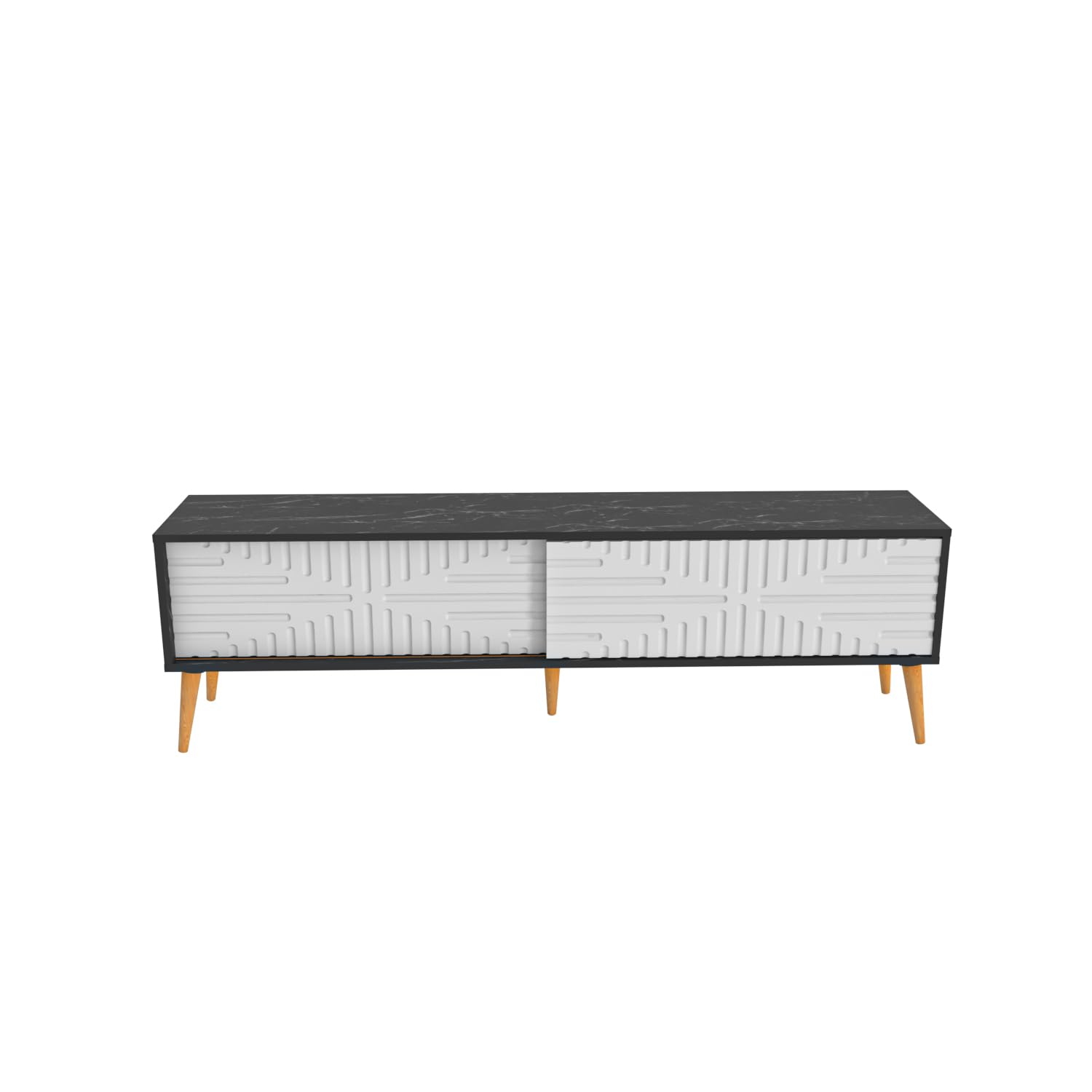 DECOROTIKA Riso 180 cm Modern TV Stand Sliding MDF Doors with Solid Wood Legs (Black Marble Effect)