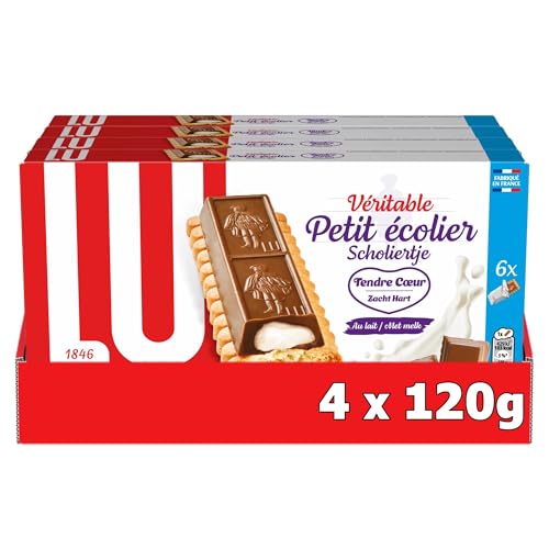 LU PETIT ECOLIER - 4 Boîtes de 6 Sachets de Biscuits Petit Ecolier Chocolat et Tendre Cœur au Lait - Lot de Biscuits au Chocolat - Idéal pour le Goûter - Fabriqué en France - Lot de 4x120g