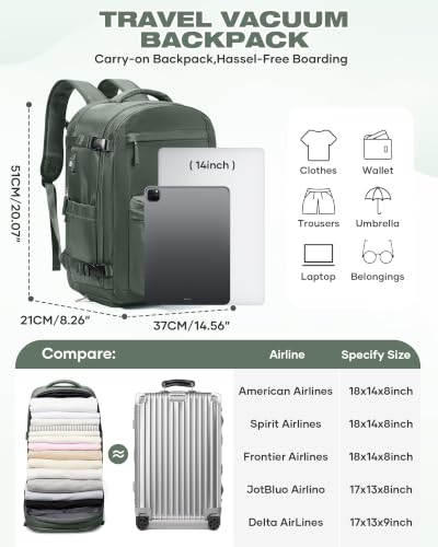 Image of suradar Vacuum Backpack Travel with Pump,Travel Backpack with One Button Vacuum System Vacpack Sealed Compression Airbag Women Carry on Flight Approved Laptop Backpack Space Saver Bags Dark Green