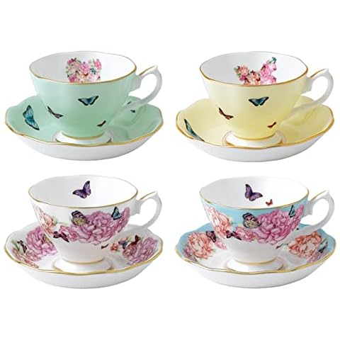 Royal Albert - Miranda Kerr 8 Piece Teacup and Saucer Gift Set - Vintage Serving Set for 4, with Bone China Tea Cup and Saucer Set - Multicolour Butterfly & Floral Pattern Cover