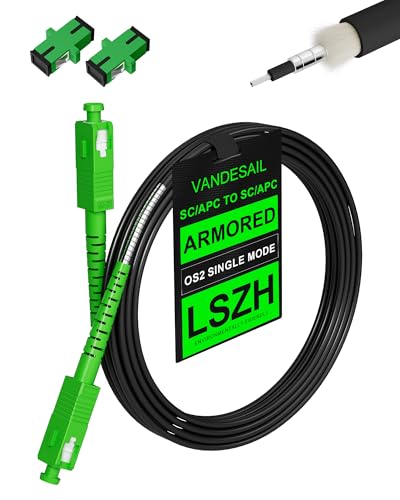VANDESAIL 10 Meters SC/APC to SC/APC OS2 Fiber Optic Internet Cable, Armored Single Mode Fiber Patch Cable, Fiber Optical Patch Cord SMF, LSZH Black