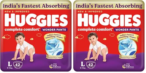 Image of Huggies Complete Comfort Wonder Pants | Pant Style Baby Diapers L Size, 42 Count | India's Fastest Absorbing Diaper, Patented Dry Xpert Channel, Ideal for 9 to 14 Kgs (Pack of 2)