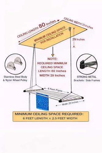Image of Purnima Marketing PM Heavy Duty Stainless Steel (6 Pipe X 6 Feet) ECODRY Model with UV Protected Nylon Rope Ceiling Cloth Dryer | Cloth Drying Stand for Balcony | Clothes Stand for Drying