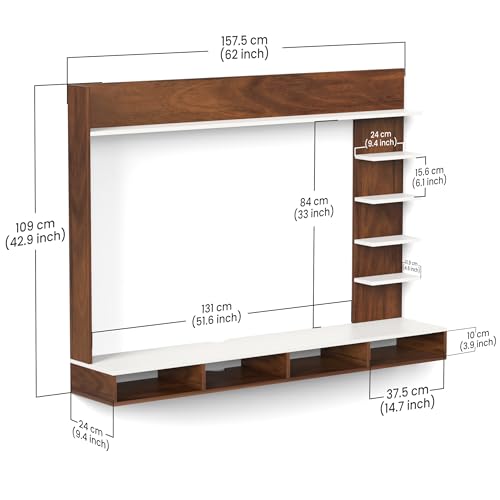 Image of BLUEWUD Primax Grande Large Engineering Wood Wall Mount TV Entertainment Unit Set Top Box Stand /TV Cabinet Panel with Shelves for Books & Decor Display Unit, Ideal for 50 inch (Brown Maple & White)
