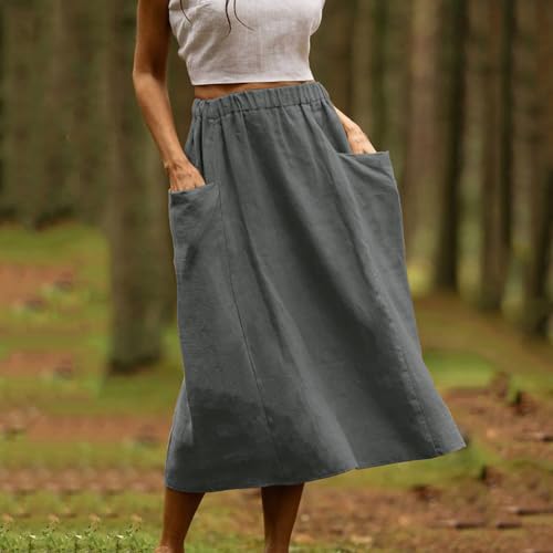 Linen Skirt for Women UK 2024 Clearance Summer Midi Skirt Elastic High Waist Loose Baggy Skirt Women A Lined Maxi Skirt Knee Length Skirt Streetwear Holiday Vacation Work Office Going Out Skirt - Image 3