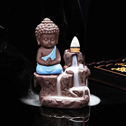 Image of CRAFTAM Meditating Monk Buddha Smoke Backflow Fountain Cone Incense Holder Decorative Showpiece with Free 10 Smoke Backflow Scented Cone Incense (Blue)