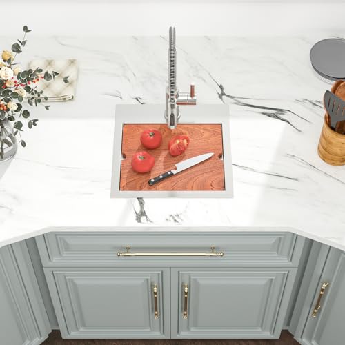 Image of Kichae Drop In Bar Sink- 15 x 15 Small RV Sink Topmount 16 Gauge Stainless Steel Single Bowl Ledge Workstation Wet Bar Prep Kitchen Sinks Patio Handmade Basin with Cutting Board & Rack