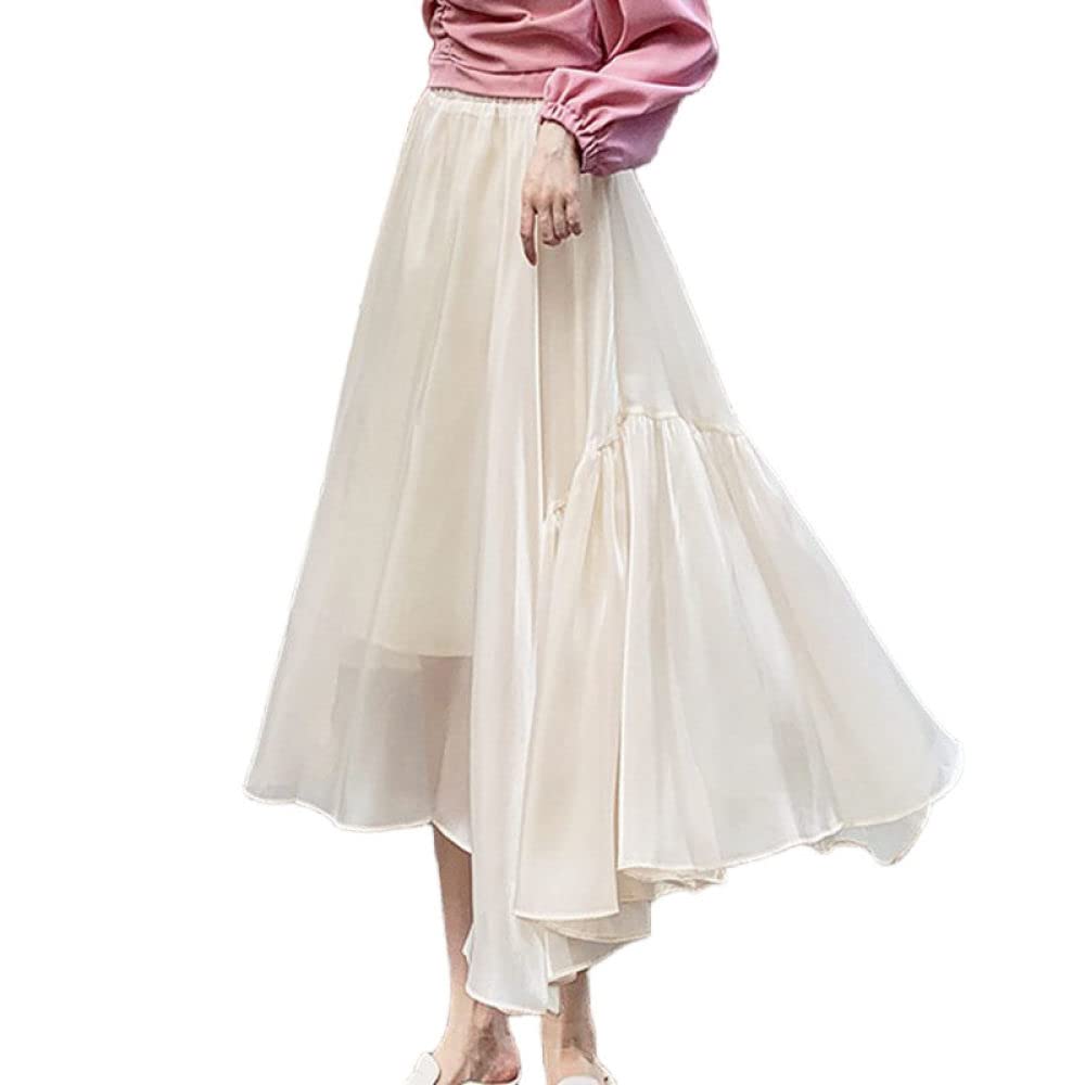 OZEO Röcke,Damen-Midirock Beige Elastische Hohe Taille Unregelmäßiger Glänzender Plissee-Tüllrock Elegante A-Linie Geraffte Geschichtete Lange Röcke Für Mädchen Damen Frühling Herbst,L