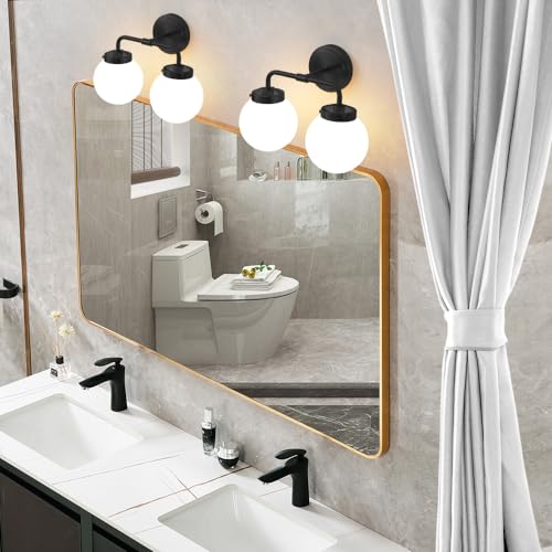 Image of Bathroom Light Fixtures 14in 2-Light Matte Black Vanity Lights for Mirror | Bathroom Lighting Fixtures over Mirror, ETL, Brushed Brass Wall Sconce, Dimmable E12 Base Max 60W, Milky Glass Ball Shades