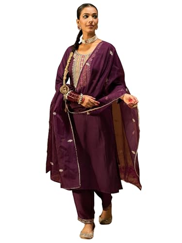 Image of INDO ERA Women's Embroidered Burgundy Silk Blend Straight Kurta & Pant with Dupatta Set (SHUTR6119)