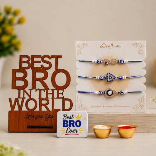 Image of eCraftIndia Evil Eye Rakhi Set of 3 for Brother with Best Bro Ever Fridge Magnet & Best Bro in the World Wooden Showpiece | Designer Nazar Rakhi Combo | Raksha Bandhan Gift Set for Bhai