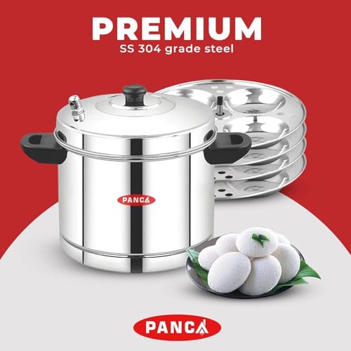 Image of PANCA Stainless Steel Idli Maker 4 Plates | 16 Idlies Steamer for Home Kitchen | Heavy Duty Idli Cooker 15 Litre with Induction & Gas Compatible Base | Multi-Purpose Cookware Pot 4 Plate Idli Maker (4 Plate Idli Cooker)