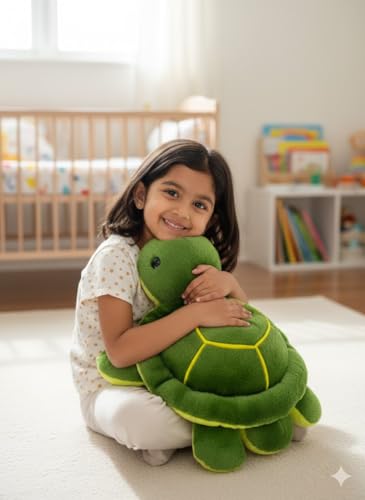 Image of TortoisePlush Sea Turtle Soft Toy, Dark Green and Yellow, 22 cm, Stuffed Animal for Kids, Modern Design, Tortoise Theme, Durable Quality (Dark Green)