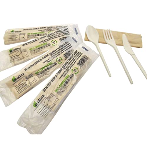 Set Compostable Cuchillo, Tenedor, Cuchara y Servilleta (50uds)