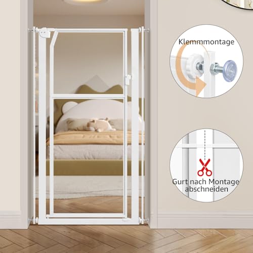 unipaws 142 cm Extra Hoch Katzengitter Tür, Transparente Türgitter Katze, 75–85 cm Breite, Ohne Bohren Druckmontage, Hundegitter Wohnung für Türrahmen, Flur und Treppen (Weiß