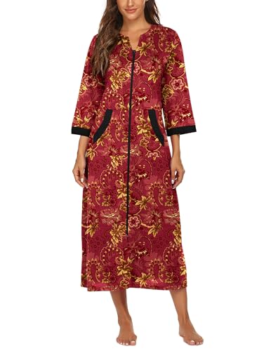 Image of Ekouaer Women Zipper Robe 3 /4 Sleeves Loungewear Dress Full Length Sleepwear Pockets Housecoat Nightgown Long Bathrobe