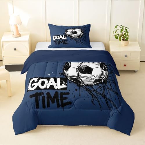 Image of Feelyou Soccer Kids Comforter Set Twin Size Soccer Ball Game Bedding Set Blue Gaming Sports Duvet Quilt for Kids Boys Girls Bedroom Gift for Football Lover Decor Microfiber Ultra Soft Breathable