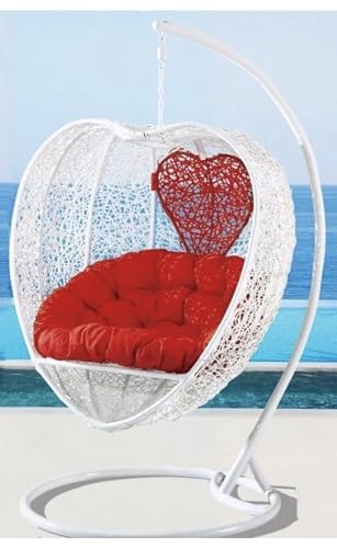 Image of Hindoro Rattan Wicker Wrought Iron Single Seater Swing Chair with Stand & Cushion & Hook Outdoor || Indoor || Balcony || Garden || Patio || Living Outdoor Furniture (White with Red, Unique Shape)