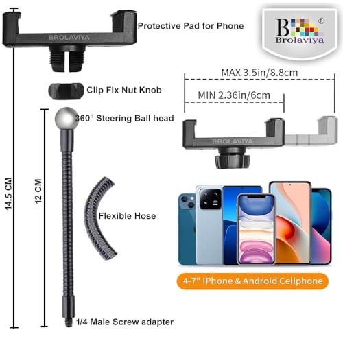 Image of BROLAVIYA 2 Pcs Flexible Hose Mobile Phone Gooseneck Clip with 1 /4 Male Thread Compatible with LED Ring Light and smart Phones