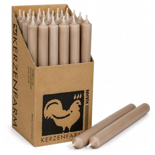 Extra lange Stabkerzen Taupe 25 cm (250 mm) Ø 2 2 cm durchgefärbt & tropffrei Made in Germany Kerzenfarm Hahn 12 Std. Brenndauer wählbar 10 oder 25 Stück (10 Taupe/Beige)