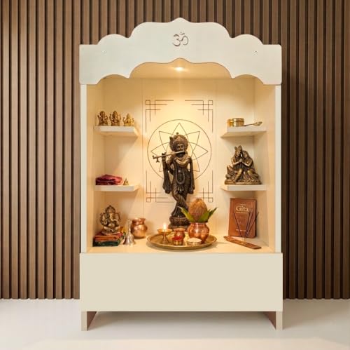 Image of Alpine Willow 3 Ft X 2 Ft Wooden Temple (DIY Assembly-Do it Yourself) I Mandir for Home I Pooja ghar I Corian Design devghar I Medium Size Temple for Home I Pooja Mandir Unit I Devghar with LED Light