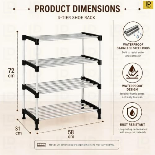 Image of LEOPAX 4-Tier Shoe Rack, Adjustable Shoe Shelf Storage Organizer Heavy Duty Iron Free Standing Shoe Rack for Entryway Closet Doorway - Black (58 x 31 x 72cm)