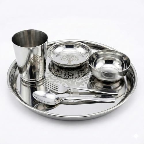 Image of Human Hydro Stainless Steel Thali Dinner Set | 6-Piece: Plate, Bowl, Side Plate, Tumbler, Spoon & Fork | Food-Grade, Rust-Free, Mirror Finish | Dishwasher Safe | Everyday Indian Dining