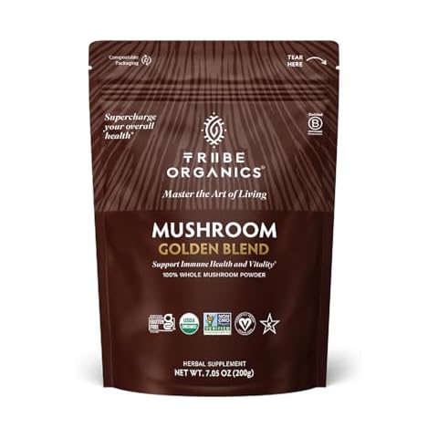 TRIBE ORGANICS Mushroom Golden Blend Powder - Organic Mushroom Powder Complex - 10-in-1 Mushrooms for Immunity Support & Health - 200g Pouch - 100 Servings Cover